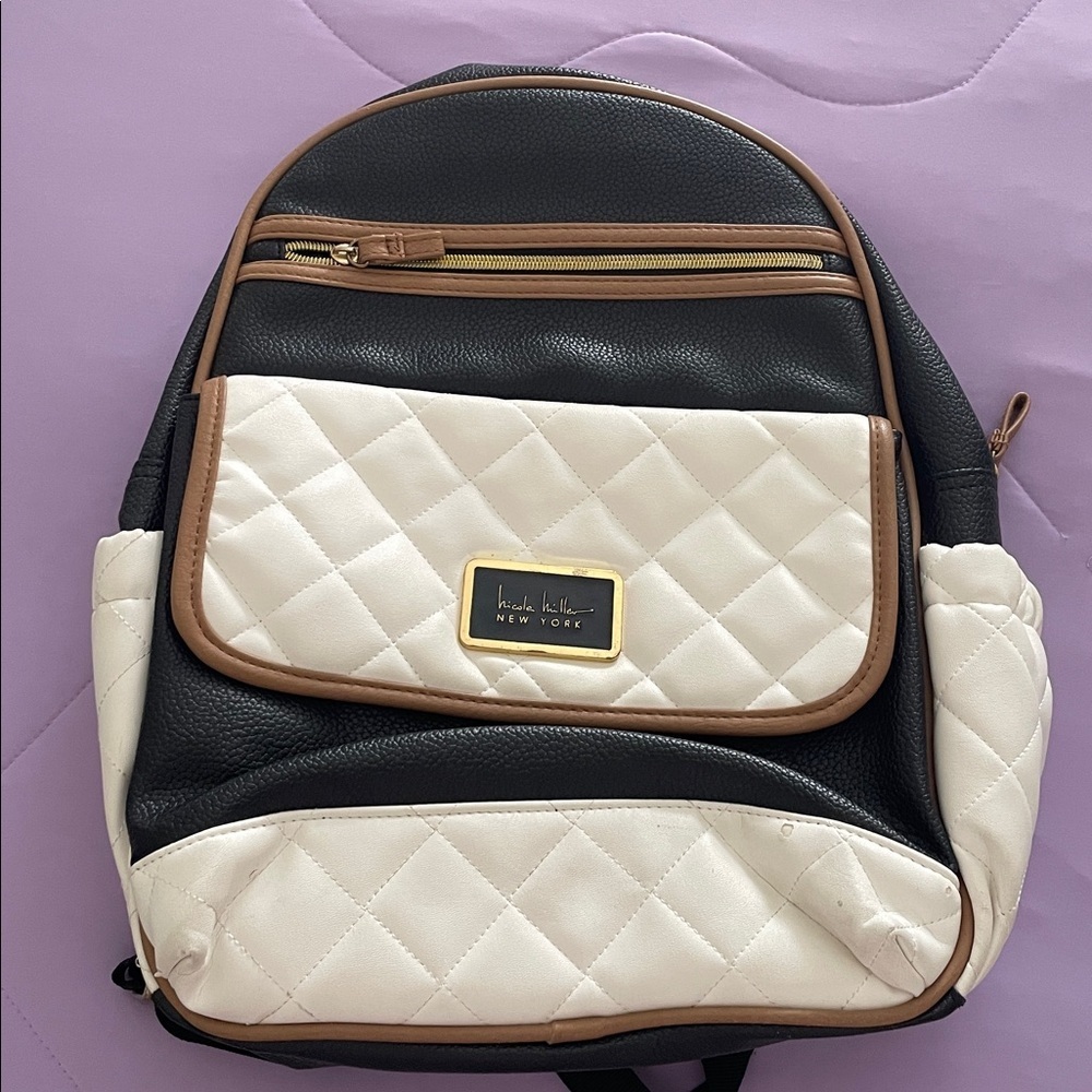 Nicole Miller Black and Cream Quilted Backpack with Brown Trim